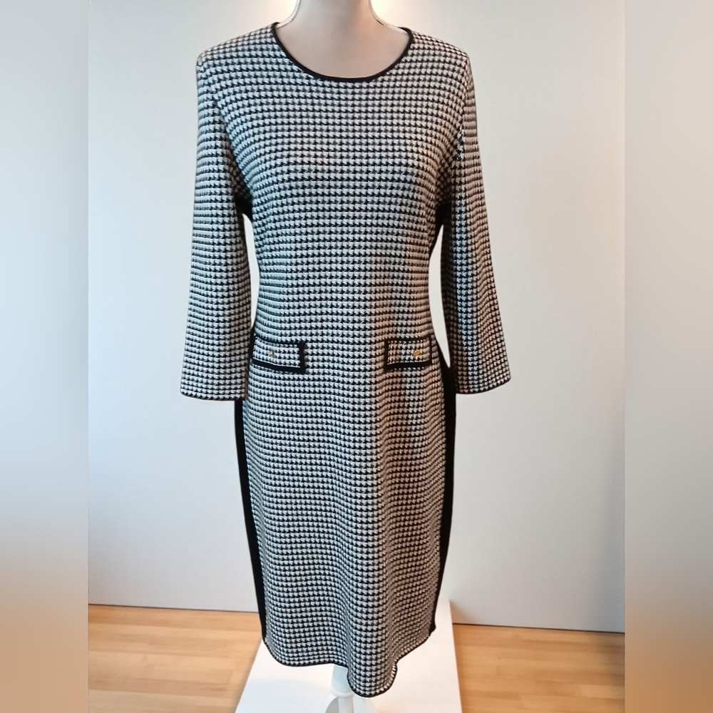 Harper Rose Green Black Houndtooth Gold Button Stretch Knit Modest Dress Large